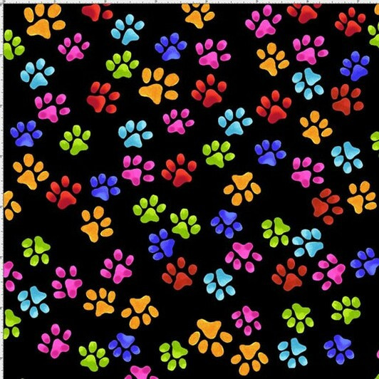 Cool Cat Paw Prints Multi Coloured Black Background Cotton Quilting Fabric Cool Cat Paw Prints Multi Coloured Black Background Cotton Quilting Fabric