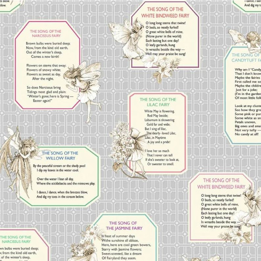 Songs of the Flower Fairies Rhythm Grey Cotton Quilting Fabric Songs of the Flower Fairies Rhythm Grey Cotton Quilting Fabric