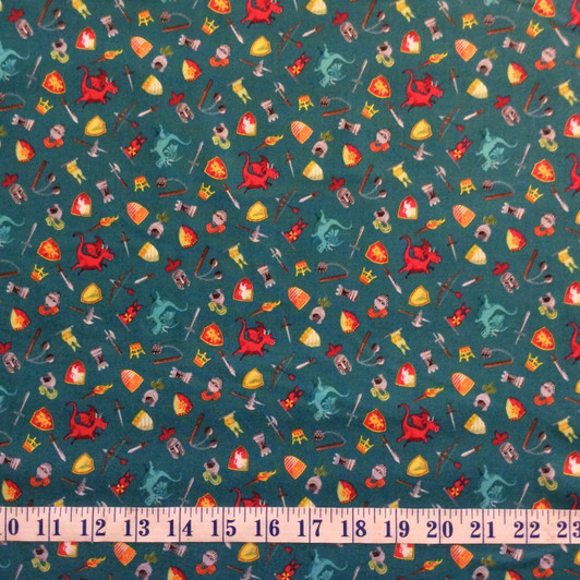 Dragonheart Dragons Shields Swords Scattered Turquoise Cotton Quilting Fabric  70cms