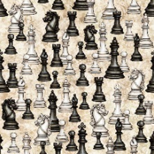 Checkmate Chess Pieces Large Cream 28662-E Cotton Quilting Fabric Checkmate Chess Pieces Large Cream 28662-E Cotton Quilting Fabric