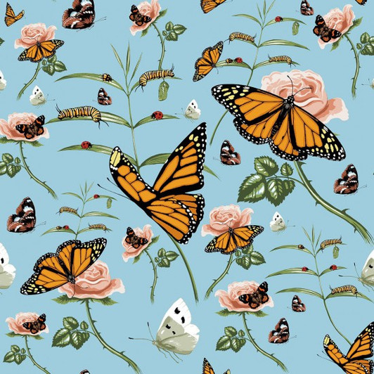 Botanical Garden Butterflies Roses Blue Background Cotton Quilting Fabric Botanical Garden Butterflies Roses Blue Background Cotton Quilting Fabric