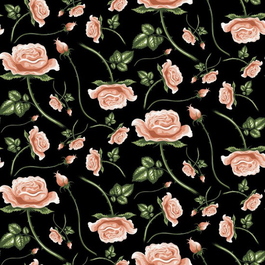 Botanical Garden Roses Black Background Cotton Quilting Fabric Botanical Garden Roses Black Background Cotton Quilting Fabric