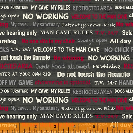 Man Cave Rules Charcoal Background Cotton Quilting Fabric Man Cave Rules Charcoal Background Cotton Quilting Fabric
