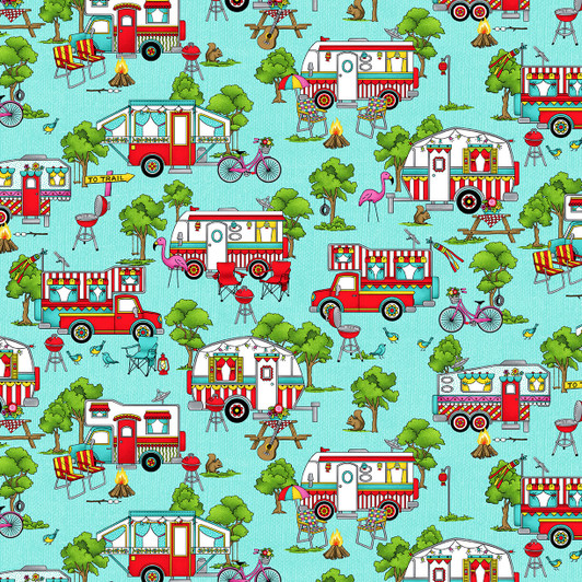 Roamin' Holiday Caravans Campers Light Blue Cotton Quilting Fabric Roamin' Holiday Caravans Campers Light Blue Cotton Quilting Fabric
