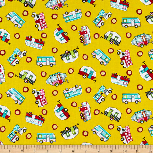 Roamin' Holiday Caravans Campers Toss Yellow Cotton Quilting Fabric Roamin' Holiday Caravans Campers Toss Yellow Cotton Quilting Fabric