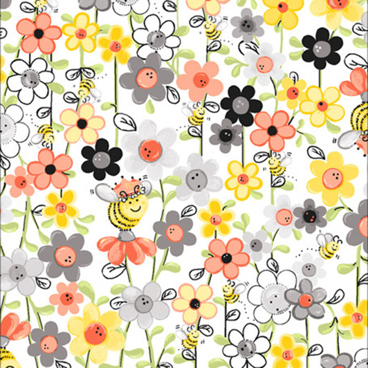 Susybee Sweet Bees Flowers and Bees White Cotton Quilting Fabric Susybee Sweet Bees Flowers and Bees White Cotton Quilting Fabric