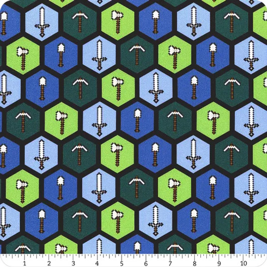 Minecraft Tools Blue and Green Cotton Quilting Fabric