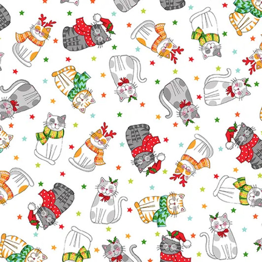 Santa Paws Christmas Cats Scattered White Cotton Quilting Fabric Santa Paws Christmas Cats Scattered White Cotton Quilting Fabric