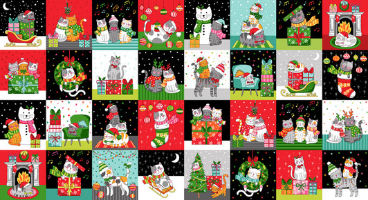 Santa Paws Christmas Cats Blocks Cotton Quilting Fabric Panel Santa Paws Christmas Cats Blocks Cotton Quilting Fabric Panel