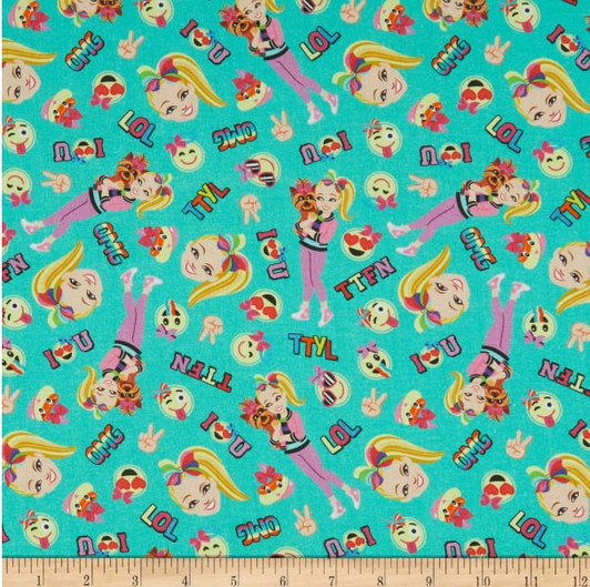 Jojo Siwa Bow Bow and Emoji Friends Green Cotton Quilting Fabric Jojo Siwa Bow Bow and Emoji Friends Green Cotton Quilting Fabric