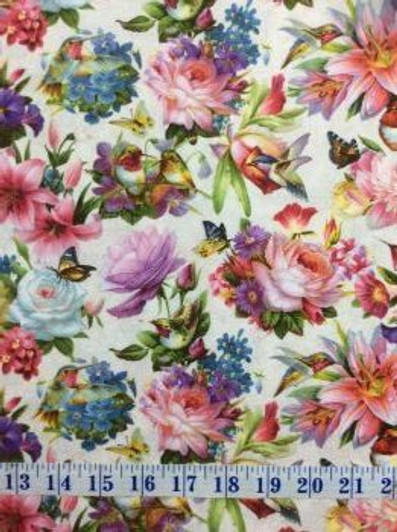Hummingbirds Butterflies Floral Bouquet Packed Cream Cotton Quilting Fabric