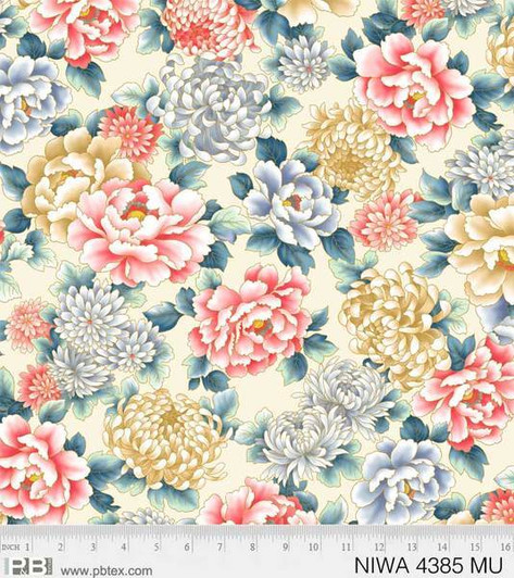 Niwa Floral Large Flowers Cream Background Metallic Highlights Cotton Quilting Fabric Niwa Floral Large Flowers Cream Background Metallic Highlights Cotton Quilting Fabric