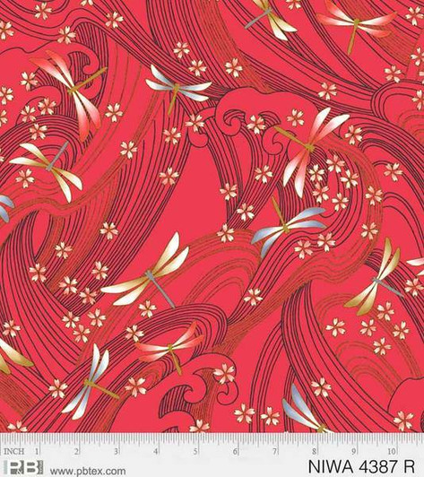 Niwa Dragonflies Red Metallic Highlights Cotton Quilting Fabric Niwa Dragonflies Red Metallic Highlights Cotton Quilting Fabric