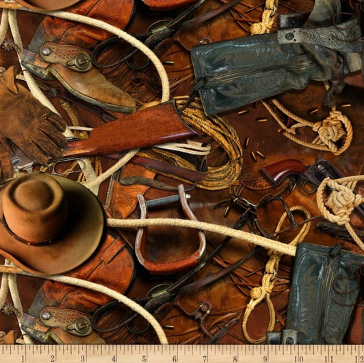 Sun Up To Sun Down Rust Cowboy Hats and Boots Cotton Quilting Fabric Sun Up To Sun Down Rust Cowboy Hats and Boots Cotton Quilting Fabric