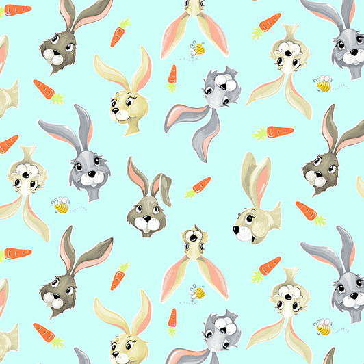 Susybee Harold the Hare Hares and Carrots Aqua Cotton Quilting Fabric Susybee Harold the Hare Hares and Carrots Aqua Cotton Quilting Fabric