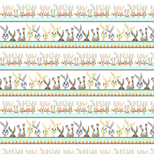 Susybee Harold the Hare Pictorial Stripe White Cotton Quilting Fabric Susybee Harold the Hare Pictorial Stripe White Cotton Quilting Fabric