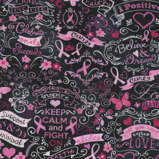 Breast Cancer Awareness Pink Ribbon Chalkboard Black Cotton Quilting Fabric Breast Cancer Awareness Pink Ribbon Chalkboard Black Cotton Quilting Fabric