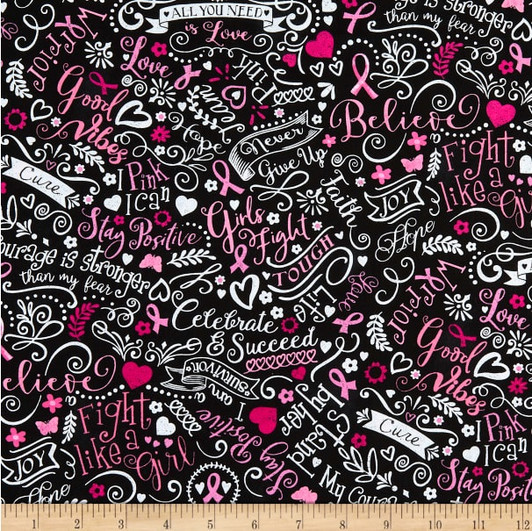 Breast Cancer Awareness Pink Ribbon Words Allover Black Cotton Quilting Fabric Breast Cancer Awareness Pink Ribbon Words Allover Black Cotton Quilting Fabric