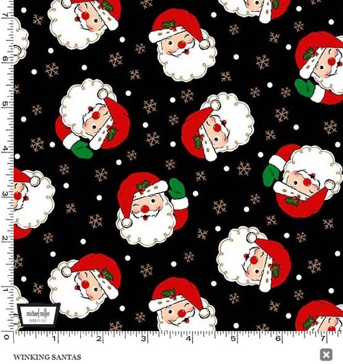 Vintage Holiday Christmas Winking Santas Black Cotton Quilting Fabric Vintage Holiday Christmas Winking Santas Black Cotton Quilting Fabric