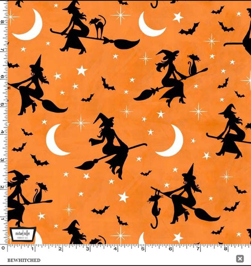 Hocus Pocus Bewitched Witch Silhouette on Broom Orange Cotton Quilting Fabric Hocus Pocus Bewitched Witch Silhouette on Broom Orange Cotton Quilting Fabric