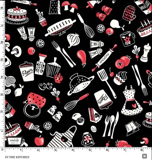 Kiss the Cook In The Kitchen Black Cotton Quilting Fabric Kiss the Cook In The Kitchen Black Cotton Quilting Fabric