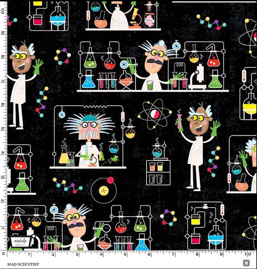 Stem Squad Mad Scientist Black Cotton Quilting Fabric