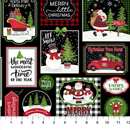 Santa's Tree Farm Block Print Black Christmas Cotton Quilting Fabric Santa's Tree Farm Block Print Black Christmas Cotton Quilting Fabric
