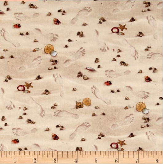 Footprints and Shells in Beach Sand Landscape Medley Cotton Quilting Fabric Footprints and Shells in Beach Sand Landscape Medley Cotton Quilting Fabric