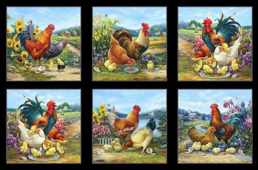 Joyful Countryside Roosters Hens Chickens Black Cotton Quilting Fabric Block Panel Joyful Countryside Roosters Hens Chickens Black Cotton Quilting Fabric Block Panel