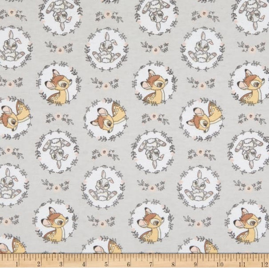 Bambi and Thumper Wreaths Grey FLANNEL Cotton Fabric Bambi and Thumper Wreaths Grey FLANNEL Cotton Fabric