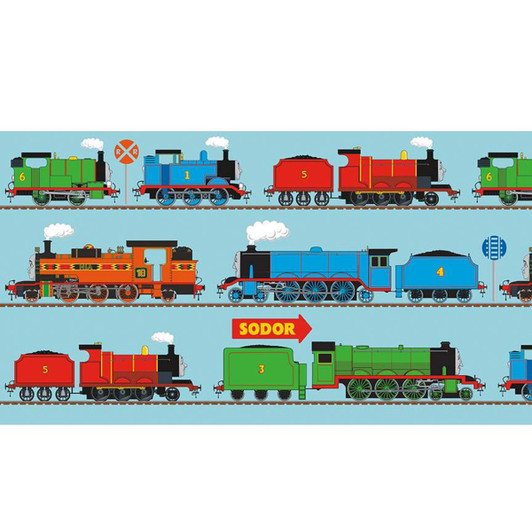 All Aboard with Thomas and Friends Train lIne Blue Cotton Quilting Fabric Panel All Aboard with Thomas and Friends Train lIne Blue Cotton Quilting Fabric Panel