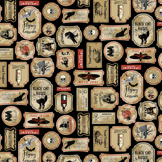 Nevermore Spooky Labels Skulls Spiders Headstones Cotton Quilting Fabric Nevermore Spooky Labels Skulls Spiders Headstones Cotton Quilting Fabric
