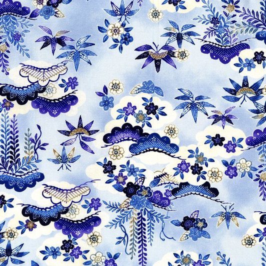 Indigo Essence Fans and Flowers Scattered Blue and White background Cotton Quilting Fabric Indigo Essence Fans and Flowers Scattered Blue and White background Cotton Quilting Fabric