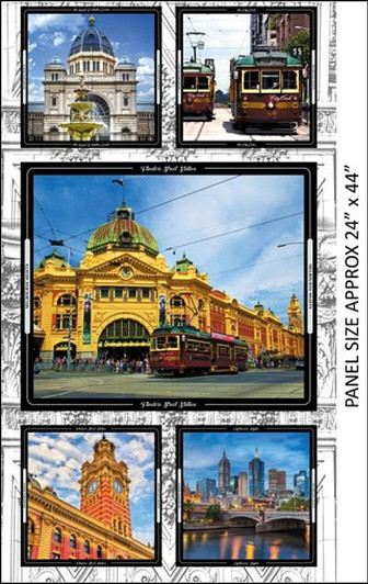 Melbourne Australia Sights 8086K Cotton Quilting Fabric Block Panel Melbourne Australia Sights 8086K Cotton Quilting Fabric Block Panel