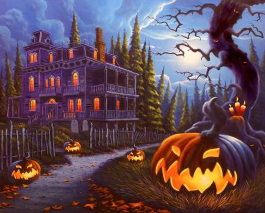 Halloween Jack-O-Lantern Lane Cotton Quilting Fabric Panel