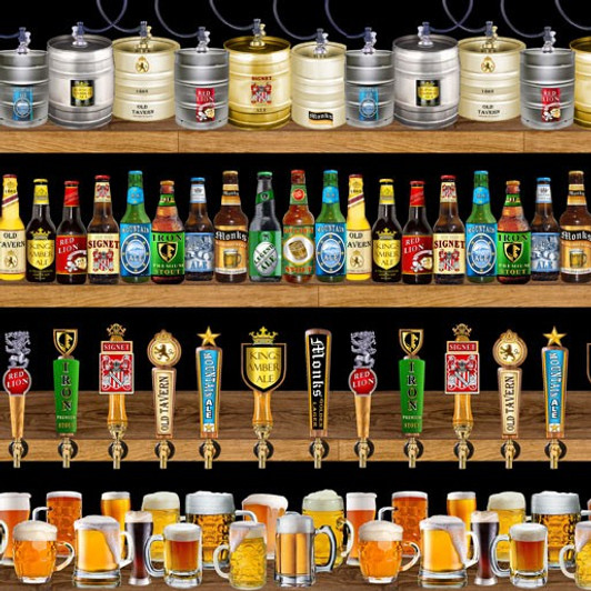 Ale House Beer Bottles Cans Kegs and Taps Stripes Black Cotton Quilting Fabric