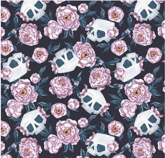 Toil and Trouble Skulls and Flowers Graphite Cotton Quilting Fabric