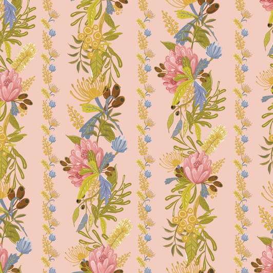 Australian Wildflowers Floral Stripe Peach Cotton Quilting Fabric Australian Wildflowers Floral Stripe Peach Cotton Quilting Fabric