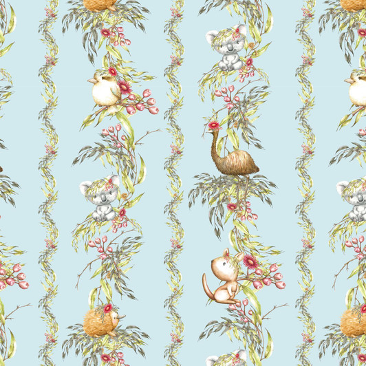 Australian Animals and Wildflowers Stripe Blue Cotton Quilting Fabric Australian Animals and Wildflowers Stripe Blue Cotton Quilting Fabric