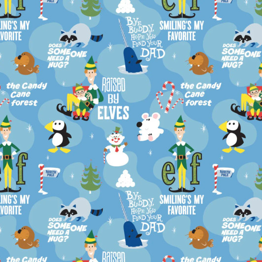 Character Winter Holiday Elf Movie Moments  Blue Cotton Quilting Fabric Character Winter Holiday Elf Movie Moments  Blue Cotton Quilting Fabric