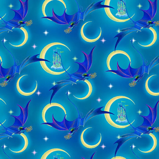 Rainbow Dragon Flying Dragons Moons Castles Cyan Background 5844S-76 Cotton Quilting Fabric Rainbow Dragon Flying Dragons Moons Castles Cyan Background 5844S-76 Cotton Quilting Fabric