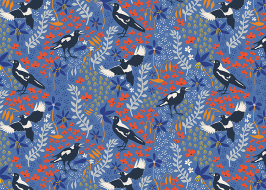 Merry Magpies Blue Australian Birds Taking Flight Cotton Quilting Fabric Merry Magpies Blue Australian Birds Taking Flight Cotton Quilting Fabric