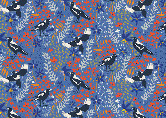 Merry Magpies Blue Australian Birds Taking Flight Cotton Quilting Fabric Merry Magpies Blue Australian Birds Taking Flight Cotton Quilting Fabric