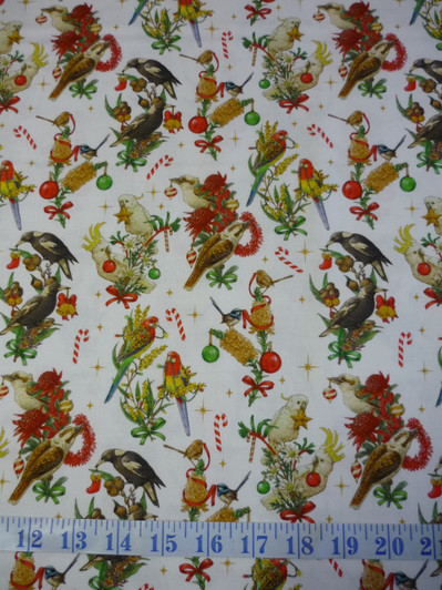 Aussie Christmas Bush Birds White Cotton Quilting Fabric Aussie Christmas Bush Birds White Cotton Quilting Fabric