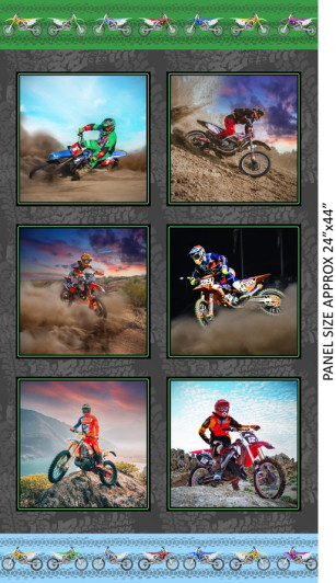 Motocross Maniacs Dirt Bikes 6 Blocks 1137C Cotton Quilting Fabric Panel