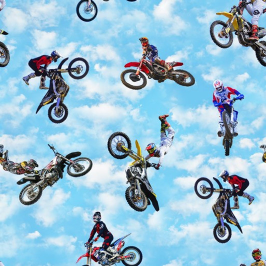 Motocross Maniacs Dirt Bikes Blue Sky Background 1137N Cotton Quilting Fabric Motocross Maniacs Dirt Bikes Blue Sky Background 1137N Cotton Quilting Fabric