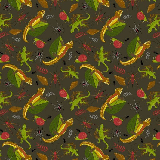Forest Floor Lizards Goannas and Spiders Brown Background Cotton Quilting Fabric Forest Floor Lizards Goannas and Spiders Brown Background Cotton Quilting Fabric