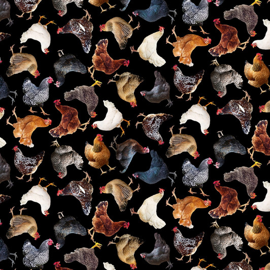 Hen House Hens Tossed Black Cotton Quilting Fabric Hen House Hens Tossed Black Cotton Quilting Fabric