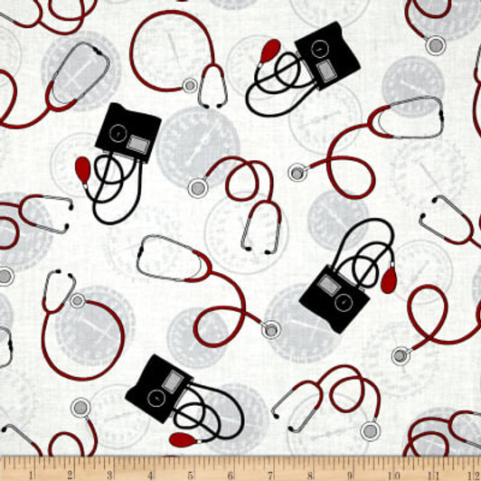 Calling All Nurses Stethoscope Blood Pressure White Cotton Quilting Fabric 1/2 YARD Calling All Nurses Stethoscope Blood Pressure White Cotton Quilting Fabric 1/2 YARD