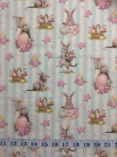 Australian Easter Bilby Eggs Flowers Baskets Light Blue Stripes Cotton Quilting Fabric Australian Easter Bilby Eggs Flowers Baskets Light Blue Stripes Cotton Quilting Fabric